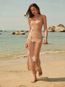 Anewsta Sleeveless Floral Decor Dress With Fish Tail & Cutout Design For Summer Beach Vacation - Khaki - View 5