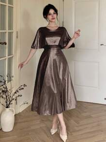 DAZY Váy dài vừa phải cổ chữ V màu trơn thanh lịch cho khách dự tiệc cưới, mùa hè - Màu hồng gỉ - Xem 5