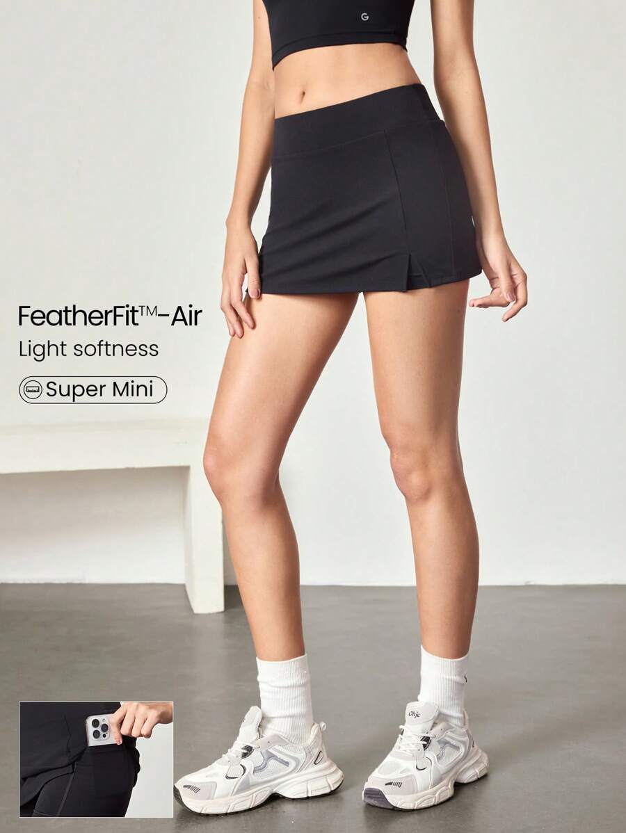 GLOWMODE 3.5" FeatherFit™-Air Side Slits Super Mini Skirt With Built-In Shorts Side Pockets Non-Slip Grips Low Impact Tennis Golf Pickleball Daily Casual Wear - Black - View 1