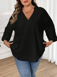 SHEIN CURVE+ 大码女式纯色翻领七分袖宽松休闲衬衫，适合海滩度假、海滩休闲、毕业典礼、下午茶等场合。 - 黑色 - 查看 5