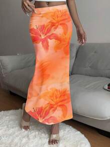 SHEIN SXY Floral Pattern Long Knitted Bodycon Skirt For Women, Suitable For Summer Vacation Suitable For Going Out Chic Dress - Multicolor - View 4