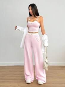 Flirla 美式休闲运动混纺灰色二合一拼接吊带背心和高腰裤套装，夏季女士 - 粉色 - 查看 5