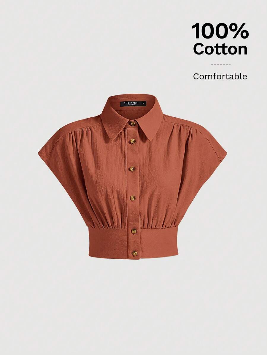 SHEIN MOD 蝙蝠袖素色襯衫 - 鏽棕色 - 查看 1