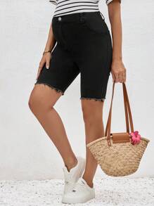 SHEIN Maternity Casual Skinny Elastic Denim Shorts, Black,Summer Beach Vacation , Suitable For Daily Dating, Night Out, Nightclubs, Parties, Get-Togethers, Pool Parties, Back-To-School Season Clothing, Back-To-School Season Clothing, Holiday Women's , Music Festival Clothing, Country Music Festival Clothing, Concert Clothing,Mother Day/Mom/Mother/ Mommy/Mother's Day/Mama/Mum/Mother's Day Gift - Black - View 5