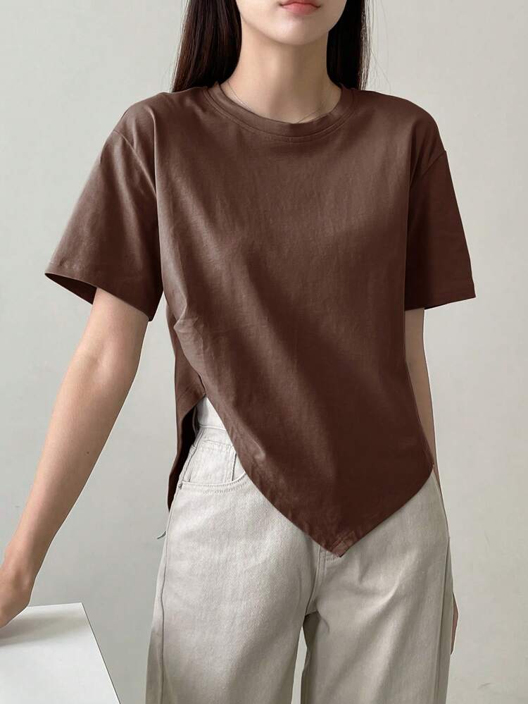 Women's Asymmetric Slit Short Sleeve T-Shirt, Casual Business Design Old Money Style