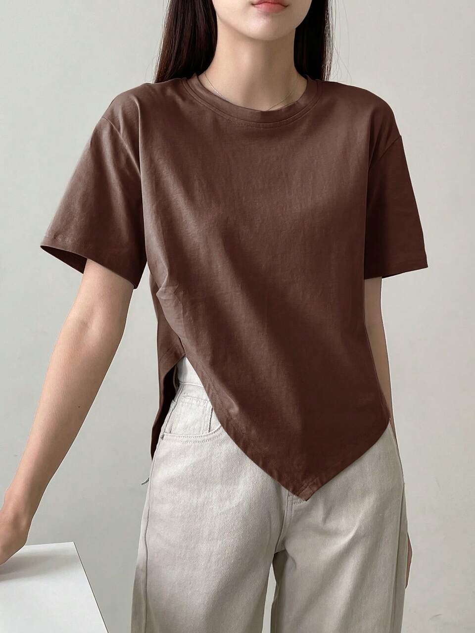 Women's Asymmetric Slit Short Sleeve T-Shirt, Casual Business Design Old Money Style