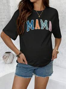 SHEIN 孕妇和哺乳休闲字母印花圆领短袖T恤，夏季 - 黑色 - 查看 6