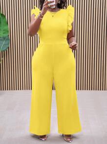 优雅、派对、聚会、约会修身纯白色无袖梭织荷叶边拼布纹理面料大码女式连体裤，春夏季 - 黃色 - 查看 5