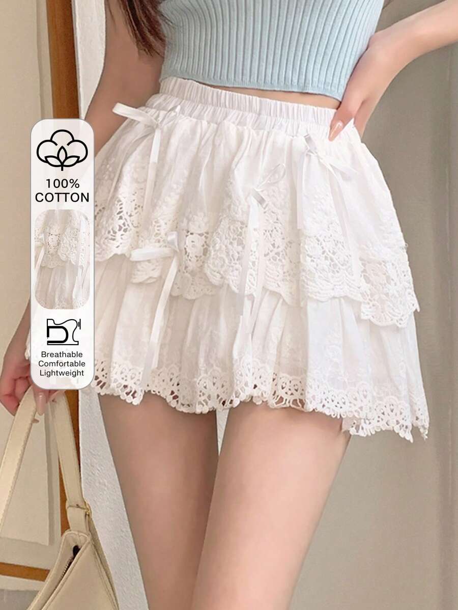 DAZY 女士蝴蝶结装饰蕾丝迷你裙 秋季短裙 低腰 - 白色 - 查看 1