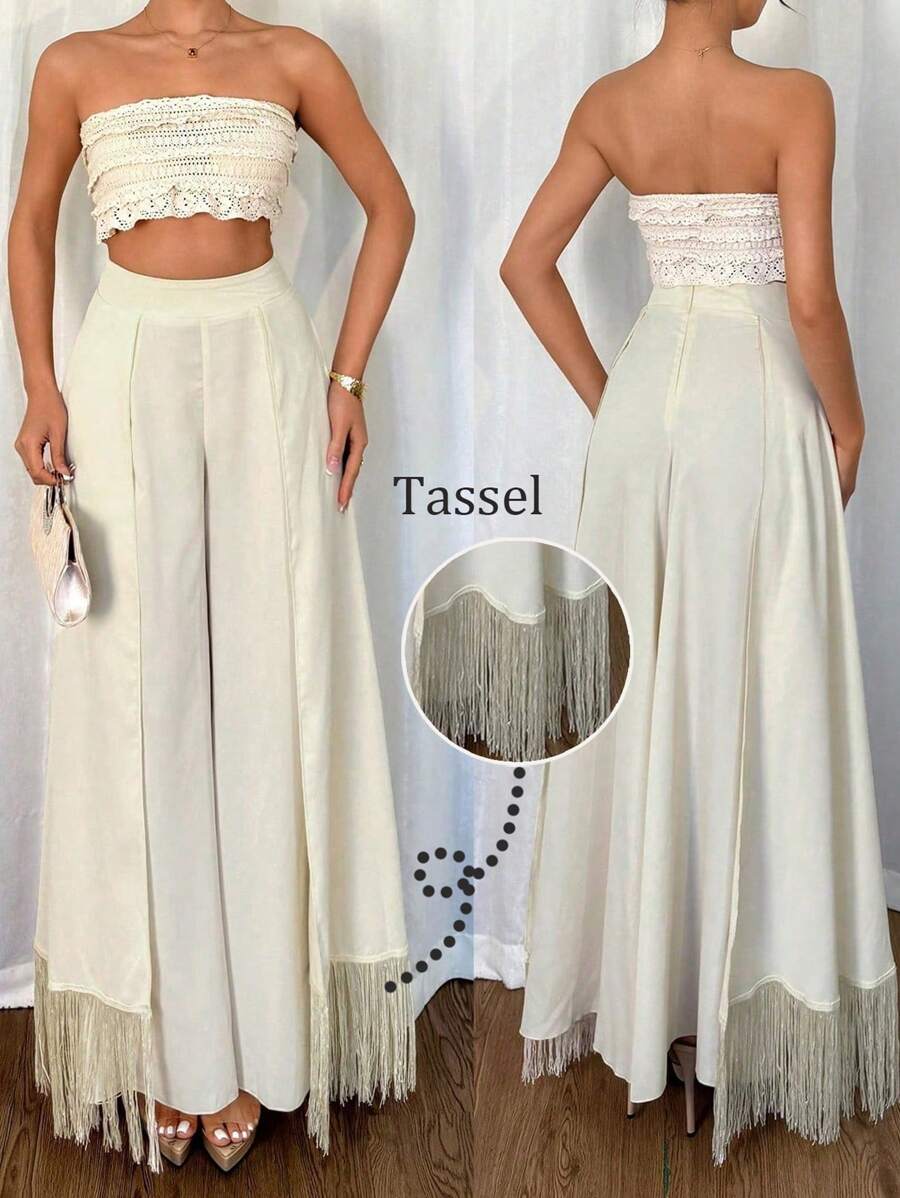 Chiquease Women's Elegant Flowy Fringe Decor Pants - Apricot - View 1