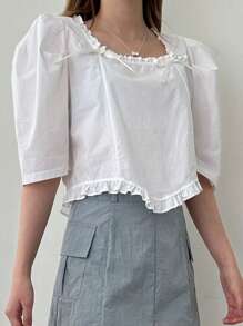 DAZY Square Collar Loose Half Sleeve Bow Decor Women Blouse Summer Cute Tops - White - View 10
