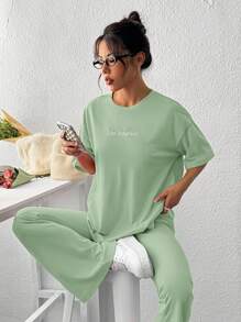 SHEIN EZwear Olive Green Knitted Embroidered Letter Pattern Flared Pants Suit - Olive Green - View 3