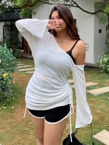 Dazy Plus Plus Size Solid Color Sheer Shoulder Drawstring Vacation Crop Cover Up, Beach Women Outfits