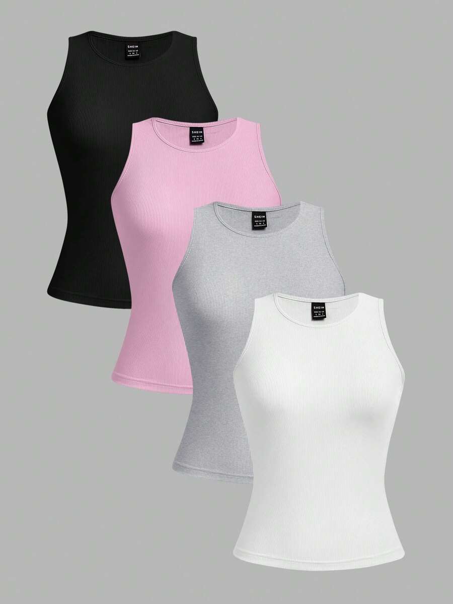 SHEIN EZwear 4件組女款性感短版緊身背心,適合夏季 - 彩色 - 查看 1