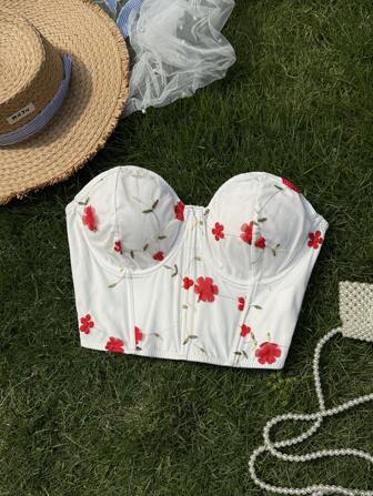 SHEIN Privé 大码女式舒适休闲优雅浪漫海滩度假 3D 花卉刺绣网眼修身吊带背心，春夏