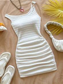 Soleia Váy ngắn nữ vải kết cấu cổ bất đối xứng có vòng kim loại, phù hợp cho lễ hội âm nhạc, phong cách Boho, ngày lễ, hẹn hò, trà chiều - trắng - Xem 1