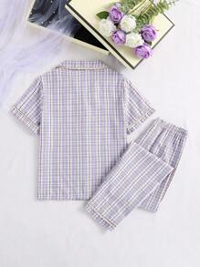 少女简约黑白经典格纹短袖上衣和裤子两件套休闲舒适家居服睡衣套装 - 紫色 - 查看 2