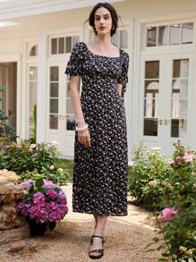 Uhlyne Damen elegantes Blumendruck-Kleid mit Puffärmeln und geraffter Taille, quadratischem Ausschnitt, frischer Urlaubsstil