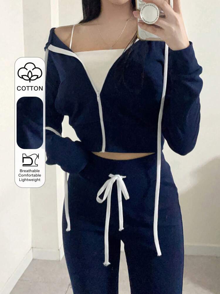 2pcs/Set Women Solid Color Hooded Cropped Top And Skinny Flared Pants Suit, Casual Sports Wear For Spring/Autumn,Fall Women Clothes Lounge Sets For Women