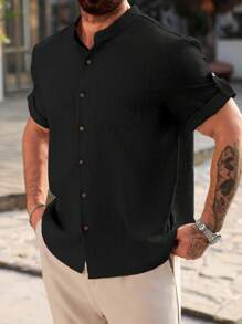 Manfinity Homme Plus Size Men's Casual Solid Color Short Sleeve Shirt For Summer - Black - View 6