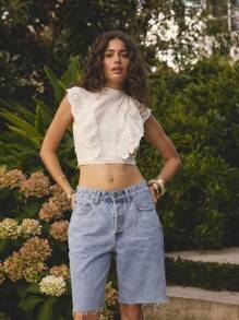 Aralina ملابس علوية صيفية أكمام بلا أكمام مطرزة بالأشكال المنمقة مع تريم دانتيل وكشكشة في الخلف - أبيض - مشاهدة 6