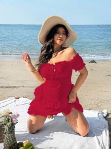SHEIN SunnyBelle Váy ngắn hở vai màu trơn đơn giản, ôm sát bằng vải jacquard, viền bèo nhún cỡ lớn cho nữ, kỳ nghỉ hè ở bãi biển - Đỏ - Xem 4