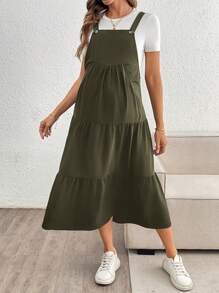 SHEIN Bộ 2 áo thun bầu màu trơn và váy yếm trang phục màu trơn - xanh quân đội - Xem 7