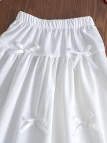 SHEIN 2pcs/Set Young Girl Fashion Cute 3D Bow Decor Round Neck Cap Sleeve Top And A-Line Skirt Suit, Versatile Daily Outfit Suitable For Spring/Summer, Vacation   Holiday  Travel  Summer  Relax