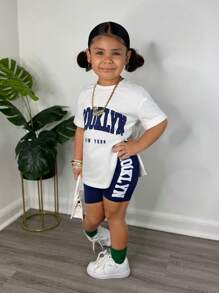 SHEIN 年轻女孩运动街头服饰春夏针织圆领短袖上衣+针织短裤套装 - 藏蓝色 - 查看 4