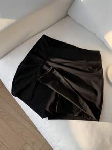 SHEIN EZwear 夏季服装 黑色纯色高腰开衩裙裤 - 黑色 - 查看 6