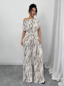 Elenzga Salopetă cu picior lat cu guler asimetric cu imprimeu Tie Dye, potrivită pentru întâlnire, muncă, vacanță, vacanță și ținute zilnice, boho de vară/vacanță/festival