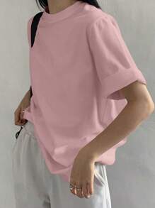 DAZY Summer Solid Color Round Neck Loose Casual T-Shirt Oversized T-Shirt - Baby Pink - View 3