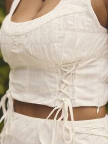Aralina Women Vacation Casual Solid Color Criss-Cross Tie Back Crop Tank Top - White - View 3
