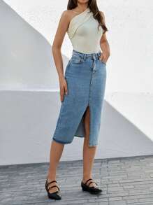 EURMUSE Split Thigh Denim Skirt - Light Wash - View 5