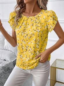 SHEIN Clasi 女式休闲碎花花瓣袖衬衫，夏季 - 黃色 - 查看 6