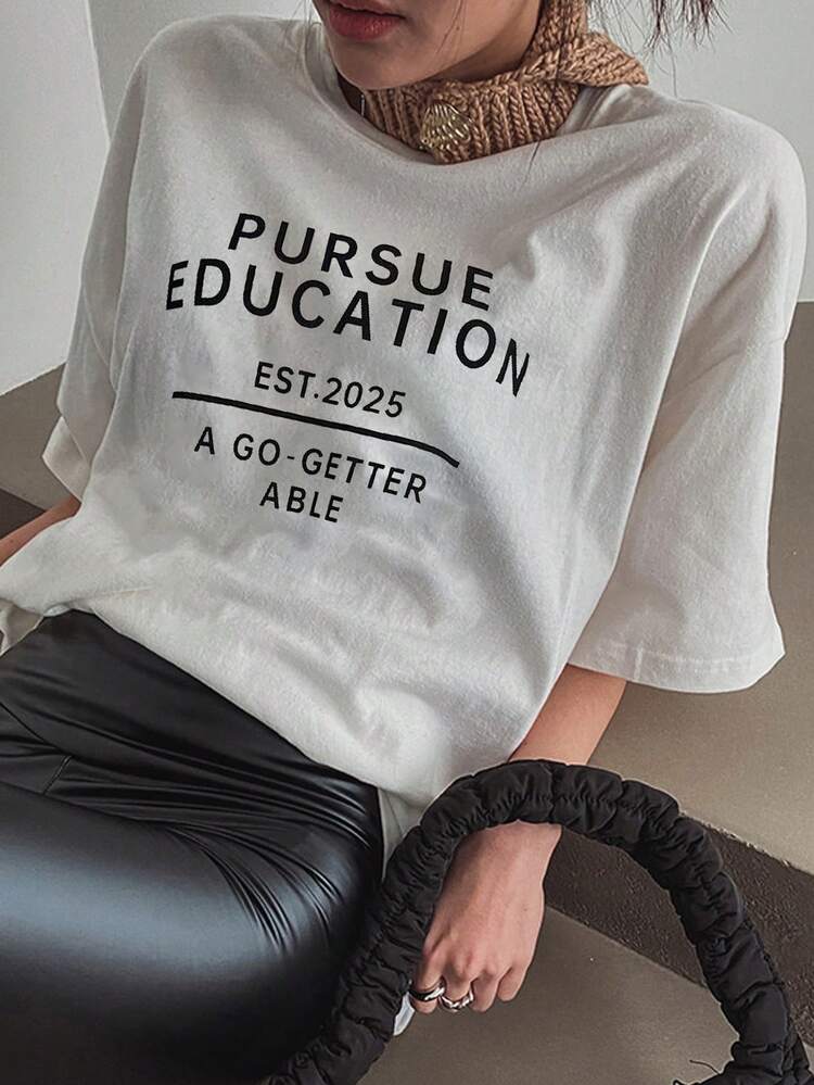 Women Round Neck Letter Print Loose Short Sleeve White T-Shirt, Spring/Summer,Graphic Tees