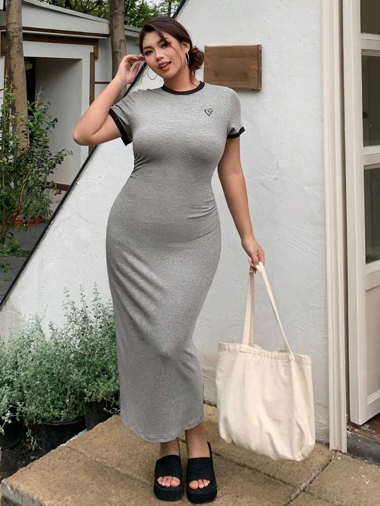 Dazy Plus Plus Size Embroidered Heart Pattern Contrast Color Block Long Knitted Dress, Spring And Summer, Casual Women Dresses Maxi Dress