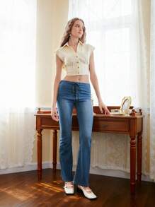 SHEIN MOD Camisa unicolor con botón delantero - Beis - Ver 5