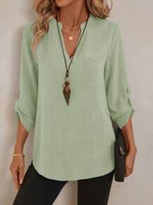 EMERY ROSE Women's Spring Full Print Notched Neck 3/4 Sleeve Blouse Work Shirt - Green - View 6