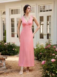 Chiquease Wedding Guest Red Lace Trim Texture Crinkle Satin-Like Elegant Long Dress - Watermelon Pink - View 6