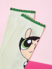 THE POWERPUFF GIRLS X SHEIN 1 Paar Damen Socken mit Butterblumen Muster in Kontrastfarbe