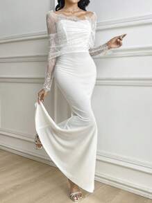 Modelyn Women's Lace Patchwork Asymmetrical Sleeve Dress