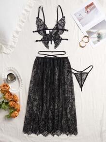 3pcs Lace Sexy Butterfly Lingerie Set For Going Out - Black - View 6