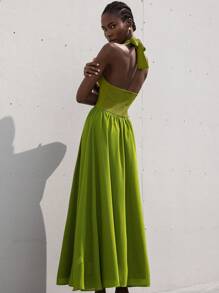 Aveloria Modichic New French Fashion Elegant Resort Atmosphere Woman Beach Premium Deep V Hollow Design Halter Tie Shoulder-Baring Sleeveless Cinched Waist Slim Fit Backless Chiffon Dress - Green - View 3