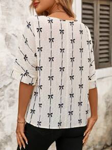 SHEIN Clasi Women Casual Textured Fabric Butterfly Print Batwing Sleeve Blouse - Apricot - View 2