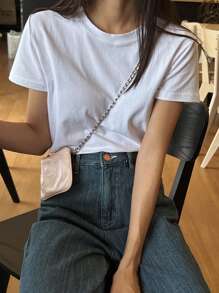 DAZY Women Crew Neck Fitted Short Sleeve White Basic T-Shirt, Spring/Summer - White - View 5