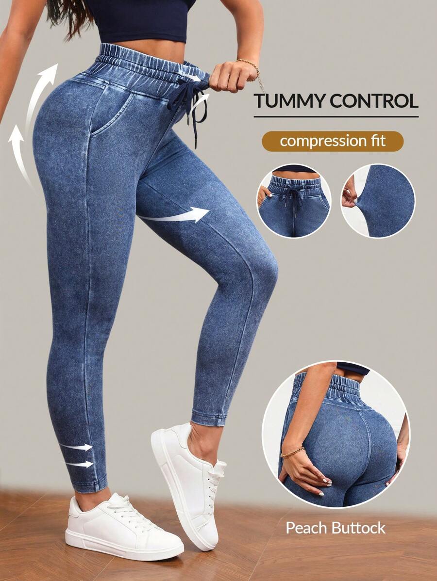 SHEIN Tall 女式休闲水洗高腰修身牛仔裤 - 深色水洗藍 - 查看 1