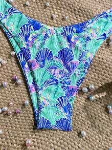 Swim Mod 夏季两件套沙滩装，随机印花吊带上衣和高腰下装，夏季度假比基尼套装 - 彩色 - 查看 4