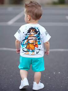2pcs Set Baby Boys Cute Cartoon Pattern Short Sleeve T-Shirt And Shorts Set, Summer - Multicolor - View 1