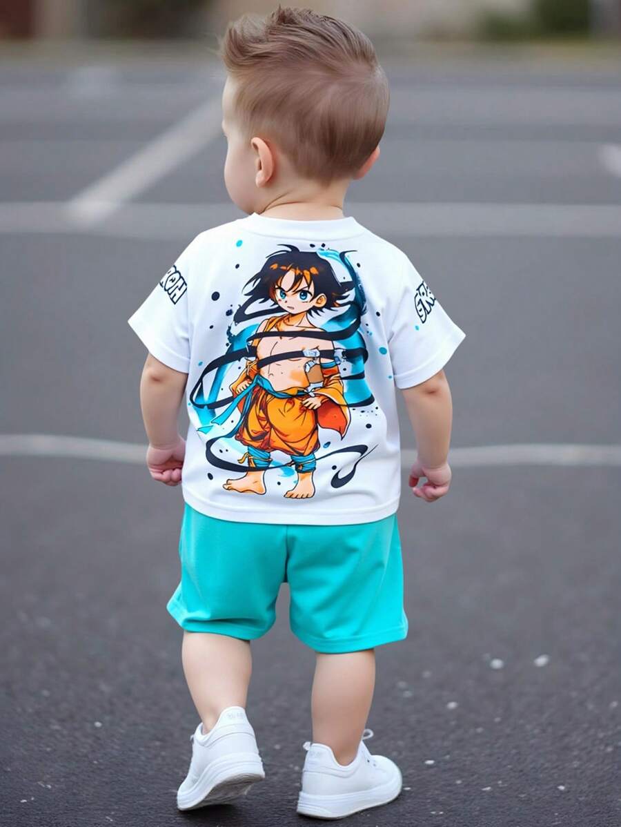 2pcs Set Baby Boys Cute Cartoon Pattern Short Sleeve T-Shirt And Shorts Set, Summer - Multicolor - View 1
